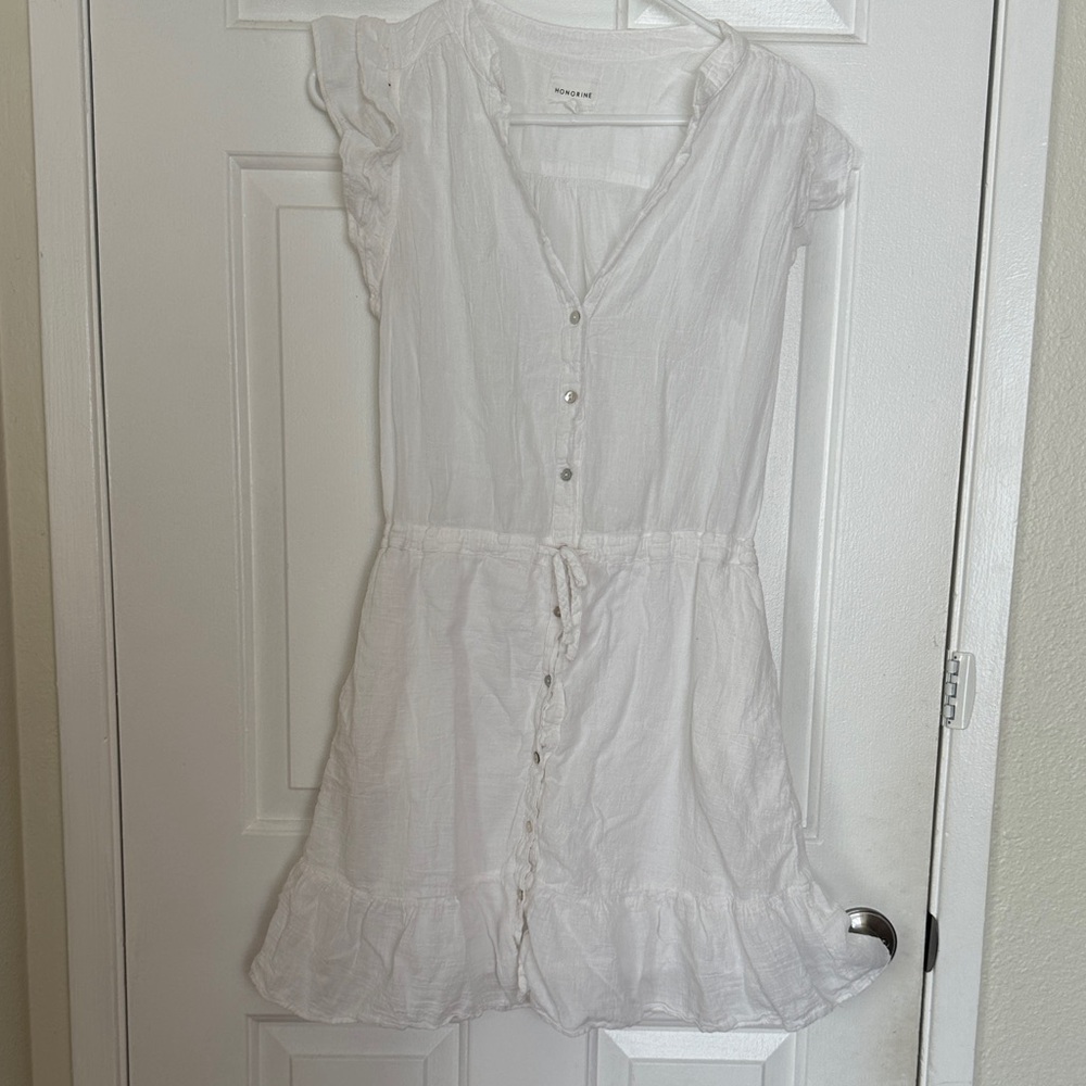 Honorine White Button-Down Dress, V-Neck